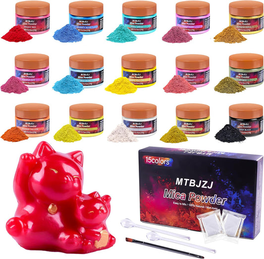 MTBJZJ Mica Powder for Resin, 15 Colors - 20g/Bottle of Epoxy Resin Color Pigment,for Candle Dye, Lip Gloss Pigment, Soap Making, Slime Colorant, Paint, Bath Bombs,Nail Polish and Eye Shadow