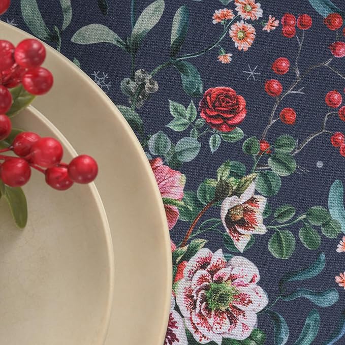 Maison d' Hermine Table Cloth Round Table 100% Cotton 63 Inches Fall Tablecloth Reusable Everyday Use for Thanksgiving Christmas Decorations Dining Farmhouse Party (Christmas Joy)