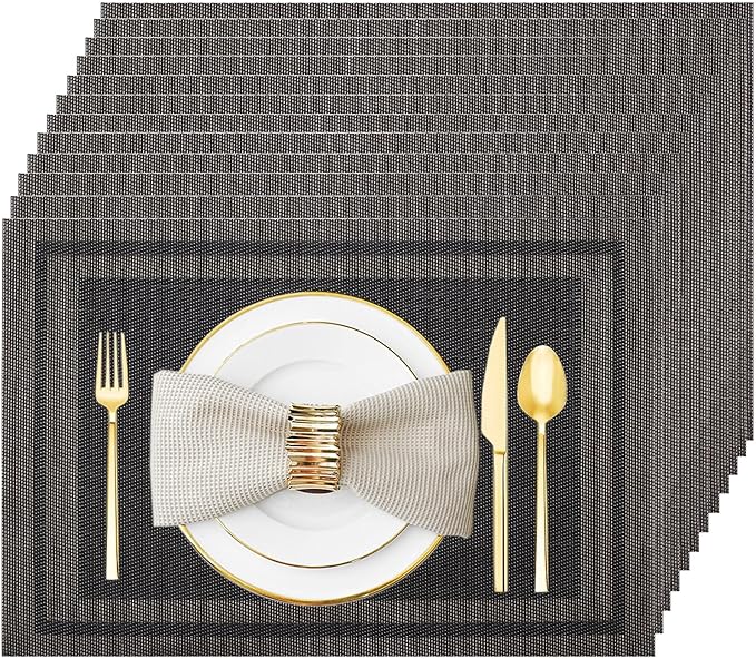 Placemats Set of 12 Washable&Wipeable Place mats for Dining Table Kitchen Indoor Outdoor Table Mats Heat Resistant Non Slip Woven Vinyl Table Placemats (Black，12PCS)