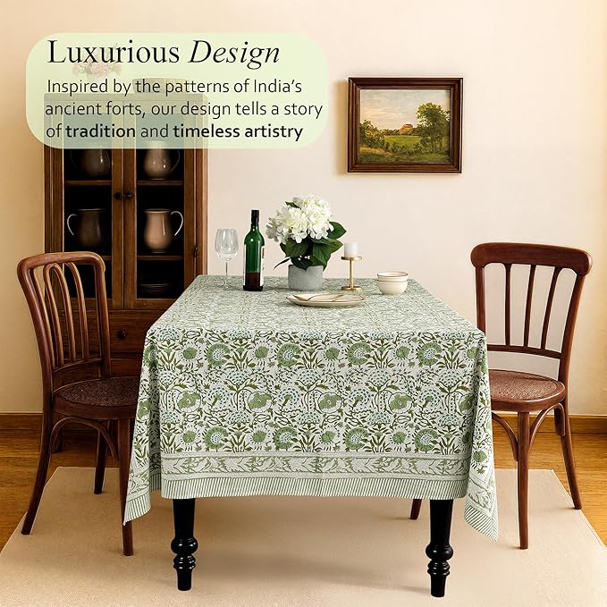 CPC Tablecloth 100% Cotton 60x90 Inch Indian Block Print Rectangle Table Cover, Washable Table Cloth for Weddings, Spring/Summer, Barbeque - Agate Green