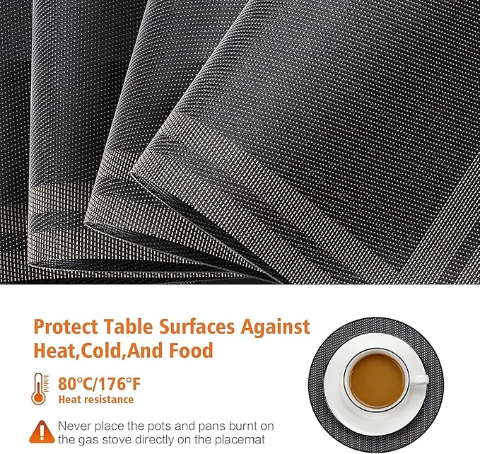 Placemats Set of 8,Washable, Vinyl Woven Non Slip Table Mats for Restaurant Table Protection, PVC Table Placemats (Black, 4PCS 12" Wx18 L)