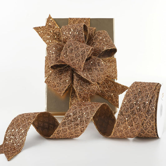 HUIHUANG Glitter Copper Wired Ribbon 2.5 inch Copper Diamond Mesh Wire Edge Ribbon for Christmas Tree, Thanksgiving Fall Decor, Wreaths, Garland, Gift Wrapping, Bows Making -10 Yards