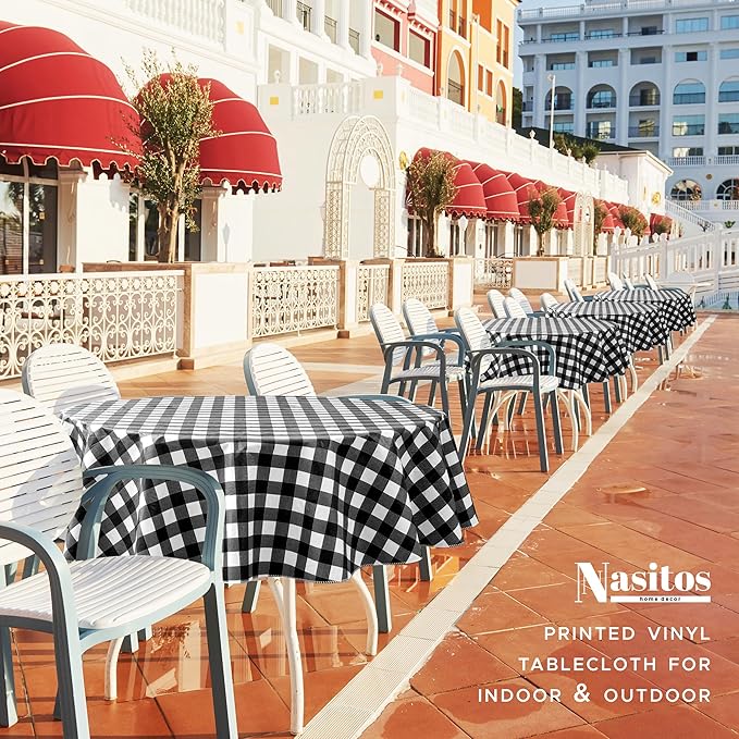 Nasitos 2 Pack Checkered Round Tablecloth 60 Inch-Waterproof Oil & Spill Proof Washable Wipeable Table Cloth, Black and White Plastic Table Cover Flannel Backed for Dining, Party, Outdoor, Picnic