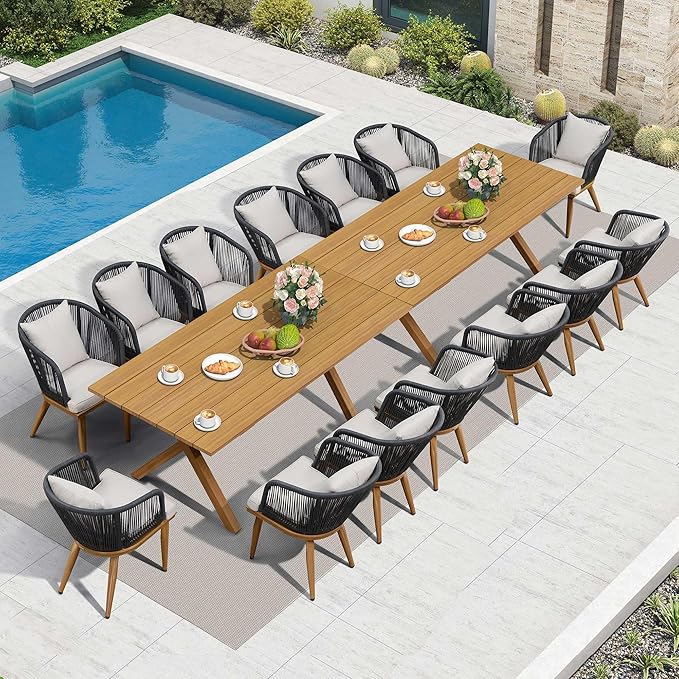 PURPLE LEAF 16 Pieces Patio Dining Set Wicker Outdoor Furniture Rectangular Table and Chairs Set for Garden Deck Teak-Finish Aluminum Frame Backyard Kitchen Set, Cushions and Pillows Included