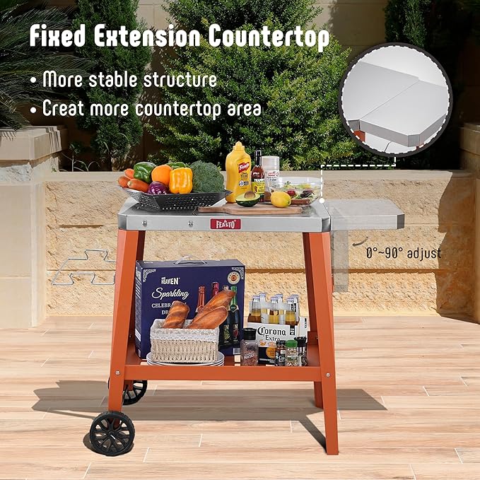 Movable Outdoor Grill Table Cart, Pizza Oven Stand with Wheels, Stainless Steel Countertop with Foldable Extension Table, Versatile Food Prep Grill Cart for Outdoor BBQ Cooking