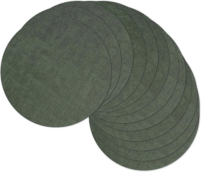 13" Round Placemats Set of 12, Reversible Faux Leather Heat Resistant Table Mats, 100% Waterproof Oilproof Wipeable Table Protective Placemats for Vinyl, Washable for Indoor (12, Dark Green)