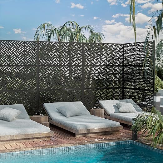 Casaphoria Metal Privacy Screen Outdoor, 72" H x 47" W Freestanding Decorative Privacy Screen for Patio Deck Balcony Garden with Stable Base, Black-Cecil