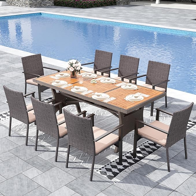 Sophia & William 9 Piece Patio Dining Set, Patio Table and Chairs Set Outdoor Dining Set for 8, Acacia Wood Patio Dining Table Set with PE Rattan Wicker Chairs for Garden, Porch, Backyard