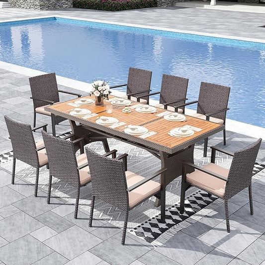 Sophia & William 9 Piece Patio Dining Set, Patio Table and Chairs Set Outdoor Dining Set for 8, Acacia Wood Patio Dining Table Set with PE Rattan Wicker Chairs for Garden, Porch, Backyard
