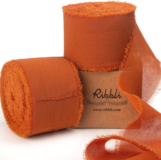 Ribbli Terracotta Chiffon Ribbon 1-1/2 inch x 20 Yard Handmade Fringe Chiffon Silk Ribbon,Black Ribbon for Wedding Invitations, Bridal Bouquets Wrapping, Flower Arrangement Decoration