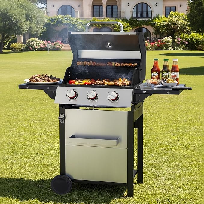 Propane Gas BBQ Grill, Upgraded 30,000 BTU Stainless Steel Barbecue Grill with Foldable Side Tables, Spice Rack & Wheels for Outdoor Cooking(3 Burner grill)
