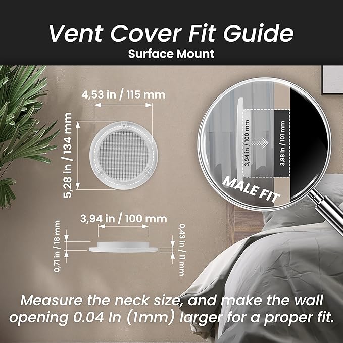 Repa Market 4 Inch (Opening) White Round Air Vent Cover - Pack of 5 Plastic Fresh Air Intake Vent - Grill Cover with Nylon Mesh Screen - Wall or Ceiling HVAC Return Air Register - Modern Soffit Vents