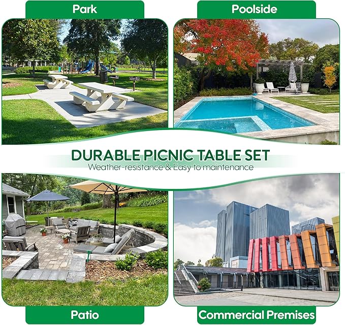 4FT Rectangular Metal Picnic Table for Outdoors, Commercial Steel Metal Picnic Tables, Heavy Duty Sturdy Picnic Tables Furniture Set for Patio Garden Courtyard BBQ, with Umbrella Hole, Grey