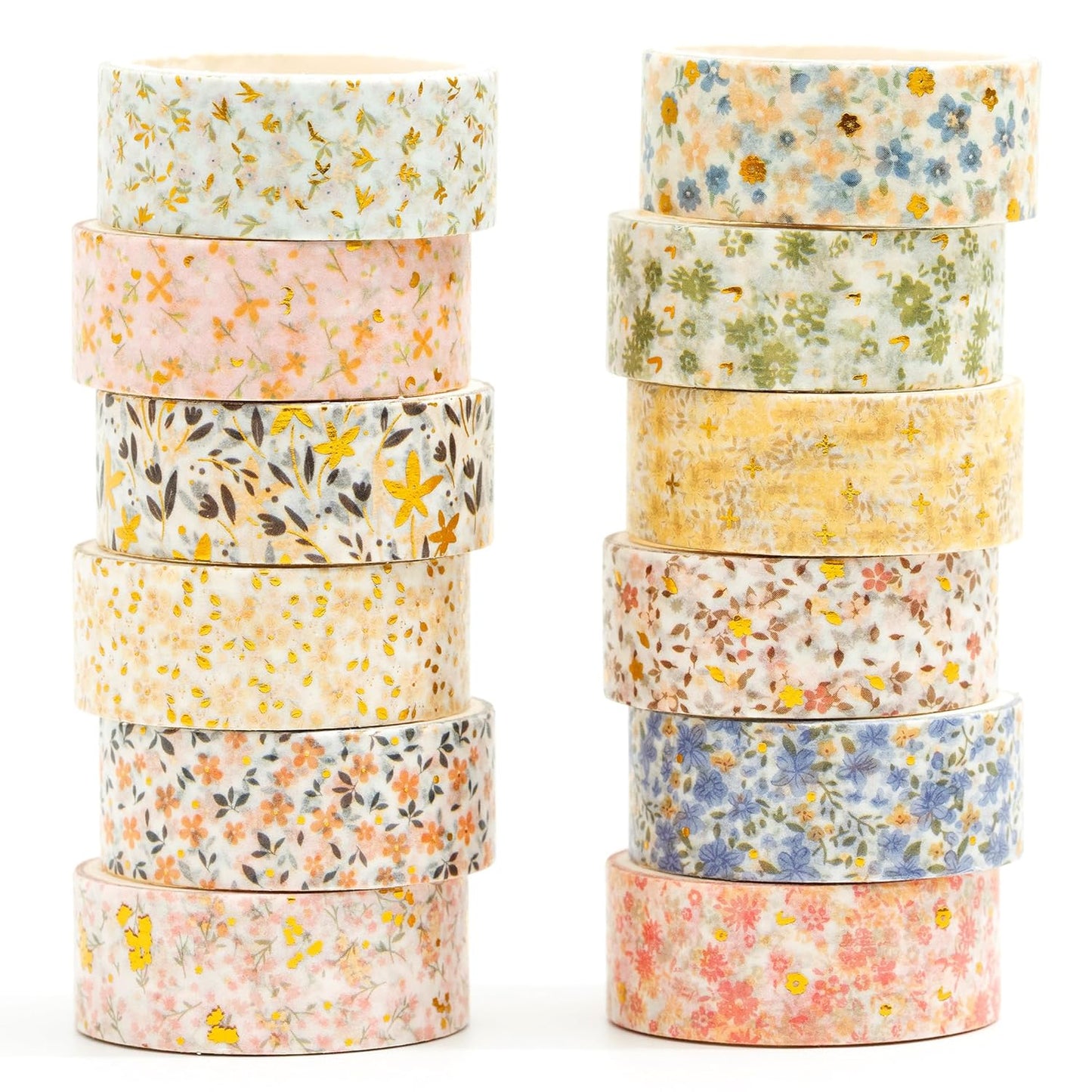 12 Rolls Charming Washi Tape Set Gold Silver Foil Detailing Arts Adhesive Tapes Basic Patterns Decorative Masking Tape Sets for Craft, Kids, Scrapbook, DIY, Gift Wrapping (Spring Bloom)