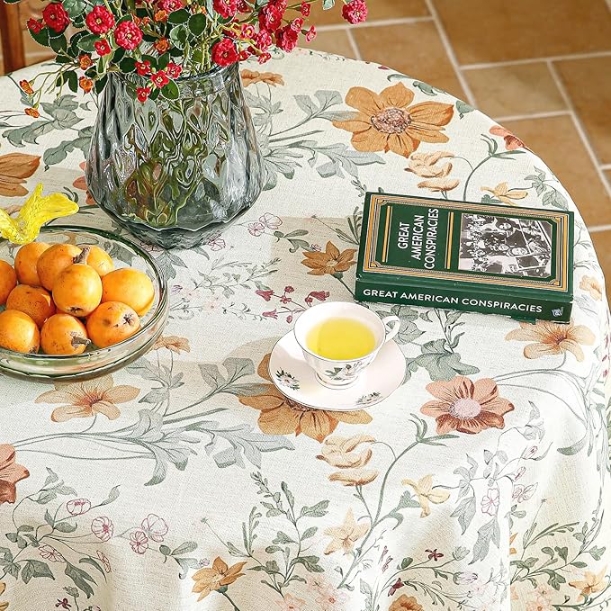 French Tablecloth for Round Table,Linen Orange Floral Wrinkle Resistant Tablecloths,Decorative Table Cover for Kitchen,Dining,Tea Party,Thanksgiving,Christmas,Diameter 67"-Milch