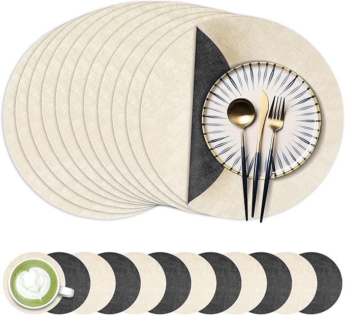 13-Inch Faux Leather Round Placemats Set of 12, Waterproof Anti-Slip Dual Sided Place mats, Heat Resistant Washable Table Mats with Coaster, Suitable for Indoor & Outdoor (12, Black Beige)