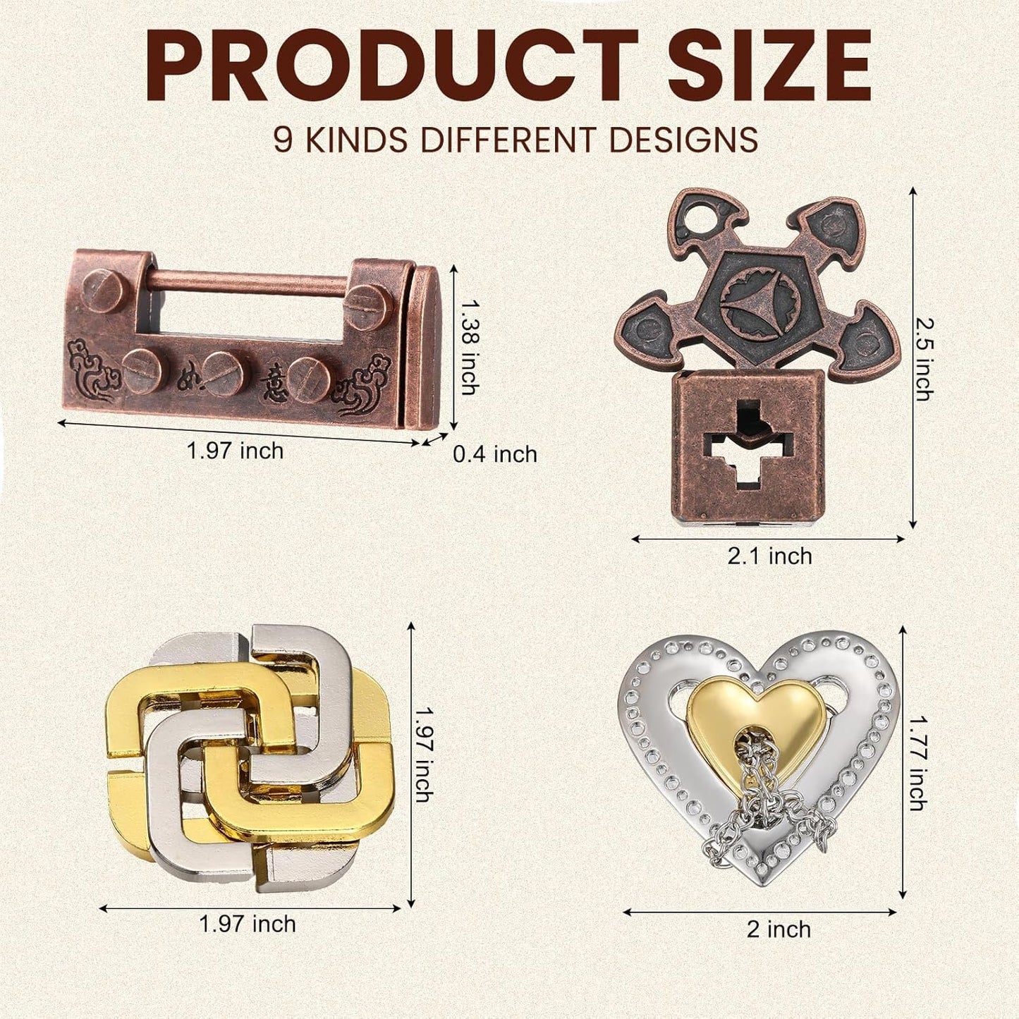 Wettarn 9 Pcs Metal Brain Teaser Puzzles Teaser 3D Steel Puzzle for Adults Unlock Interlocking Games IQ Education Smart Logic Test Toys for Adults Mind Challenge(Novelty Style)