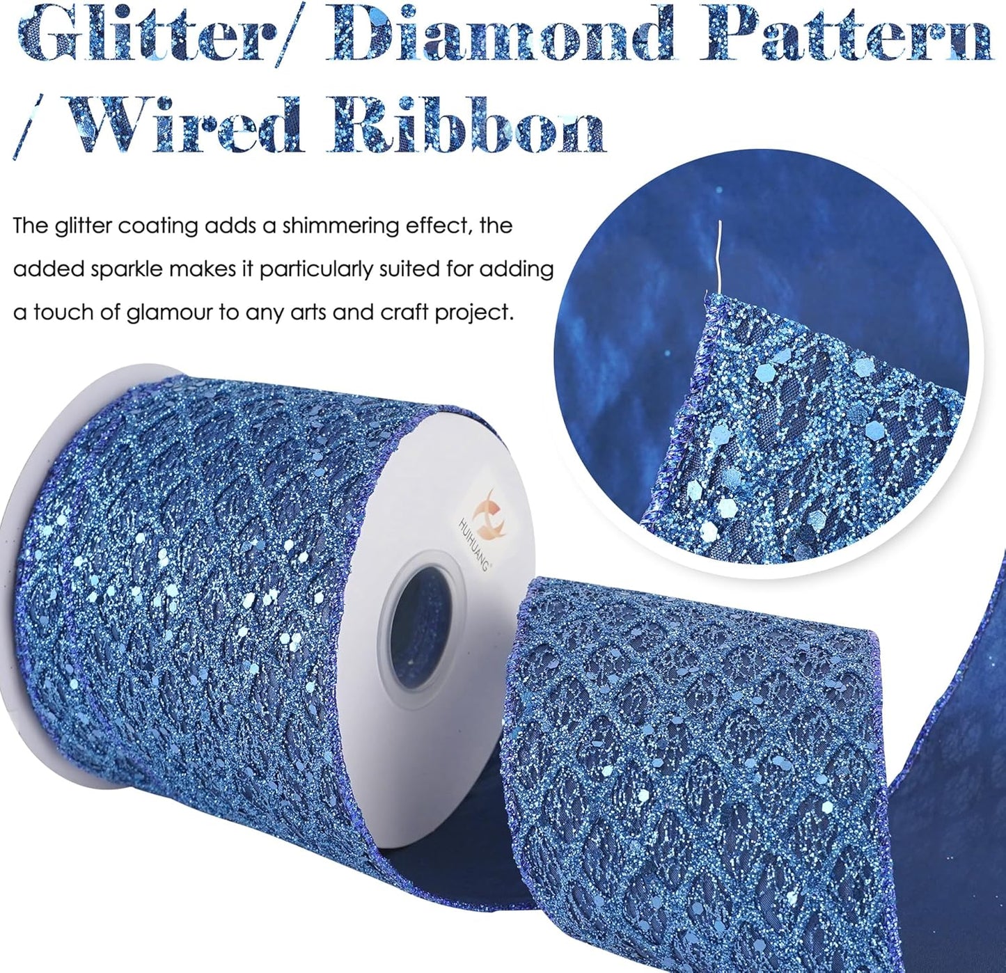 HUIHUANG Navy Blue Wired Christmas Ribbon 4 inch Navy Glitter Wired Ribbon Diamond Mesh Wire Ribbon for X-mas Tree Decorations, Wreaths, Garland, Large Bows Making, Home Decor -10 Yards