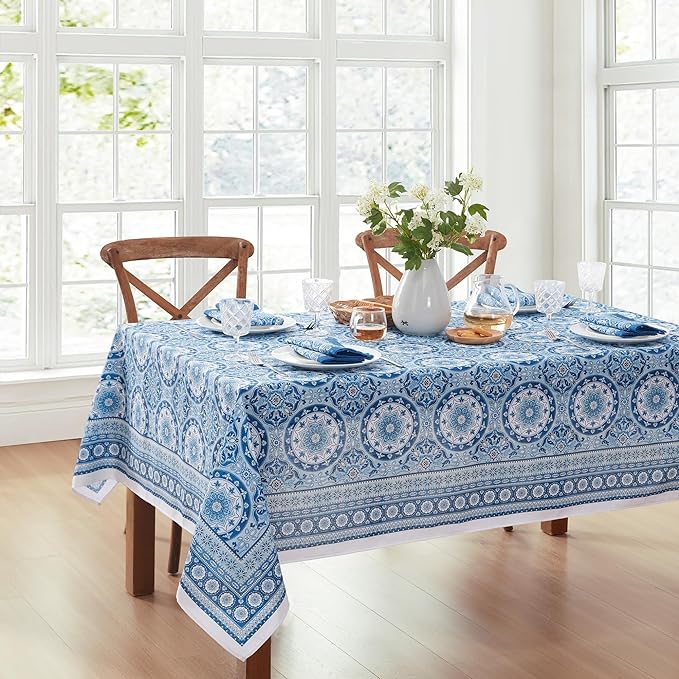 Elrene Home Fashions Vietri Medallion Blue Coastal Block Print Stain & Water Resistant Indoor/Outdoor Fabric Rectangle Tablecloth, 60"x120"
