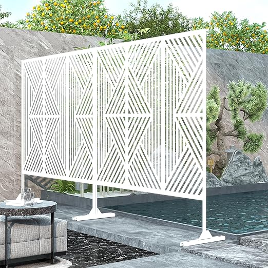 Casaphoria 72" H x 47" W Metal Outdoor Privacy Screen, Freestanding Decorative Divider for Patio, Deck, Balcony, and Garden with Stable Base, White Zodiac