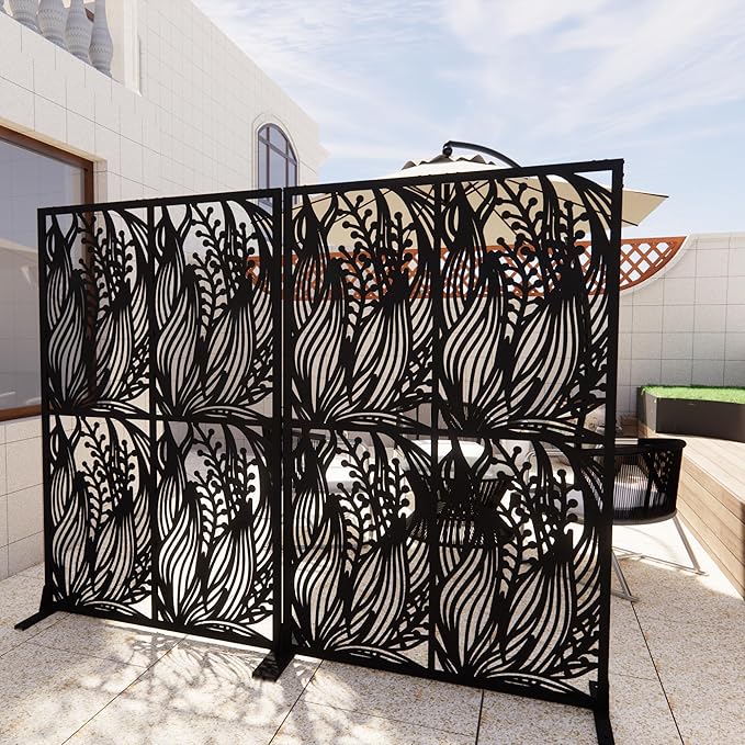 Metal Privacy Screen Room Divider 72" H x 45.3" W, Free Standing Decorative Panel with Bird Design for Indoor Outdoor Use, Black Iron Partition for Patio Balcony Garden (Leaf Black)