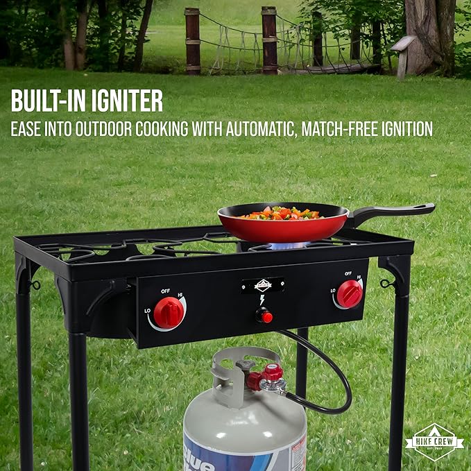 Hike Crew Auto Ignition Double-Burner Outdoor Gas Stove | 150,000 BTU Portable Propane-Powered Cooktop with Blue Flame Control, Removable Legs, Temperature Setting Knobs | Includes Hose & Regulator