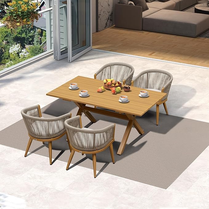 PURPLE LEAF Patio Dining Set for 4 All-Weather Wicker Woodgrain Aluminum 5 Piece Outdoor Table and Chairs Set Included Cushions for Backyard Indoor Kitchen Modern Outdoor Furniture Set Teak Color