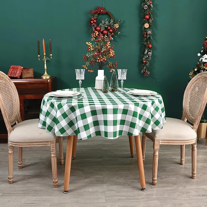 Waterproof Plaid Tablecloth Fabric - Round 90 Inch Classic Gingham Checker Table Cloth for Indoor/Outdoor Use - Buffalo Table Cover for Picnics, BBQs, and Parties
