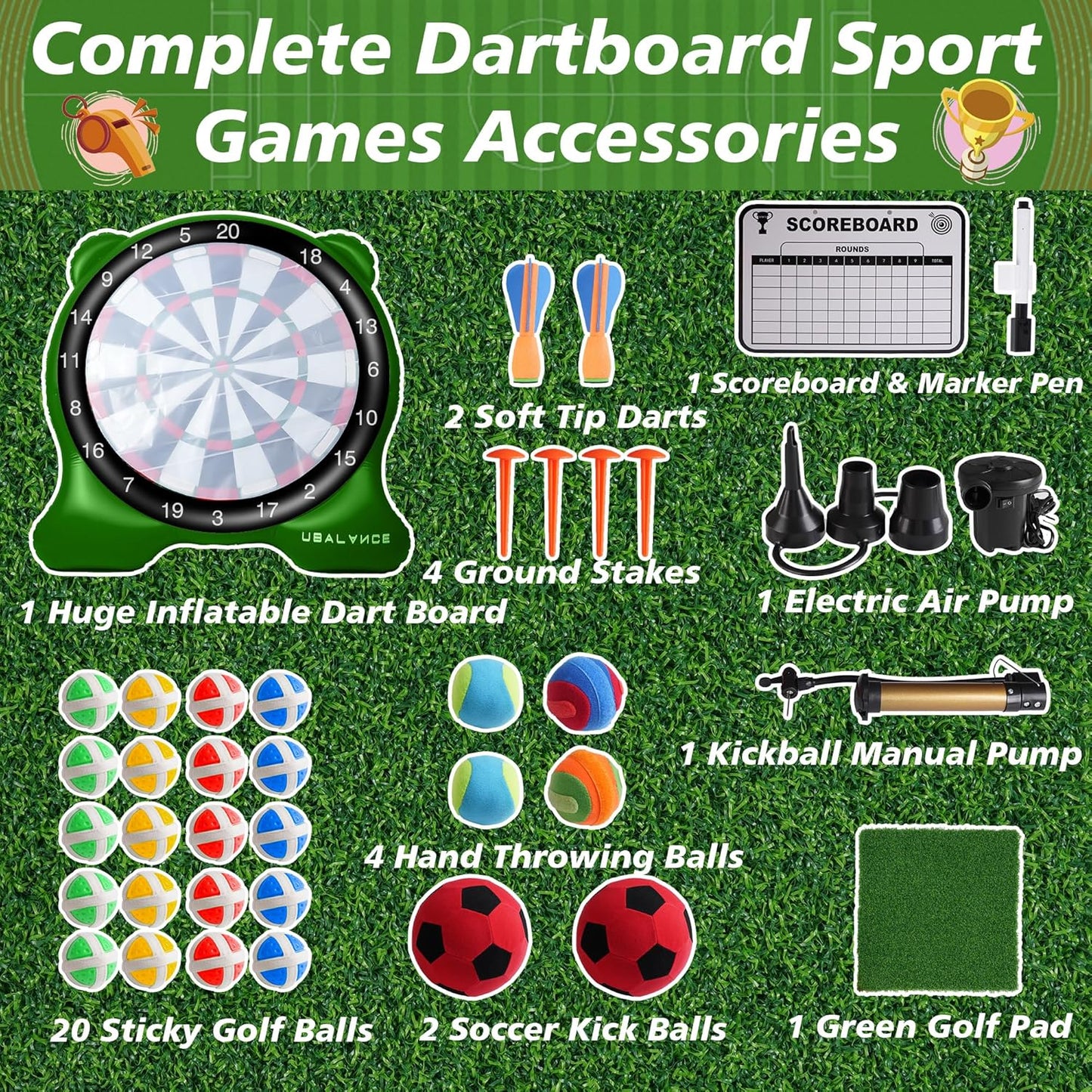 UBALANCE Giant Inflatable Dart Board, Outdoor Dartboard Yard Games for Adults, Family Sports, Sticky Kick Balls, Soccer, Tennis, Soft Darts, Golf, Party Fun Carnival Games