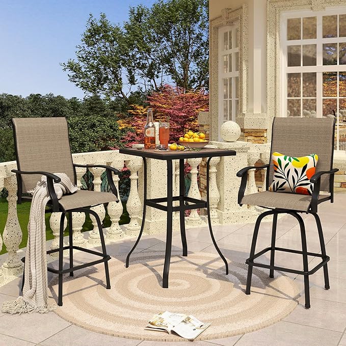 PHI VILLA Patio Bar Table, Outdoor Bar Height Bistro Table with Wooden-Like Table Top & Metal Frame, Brown