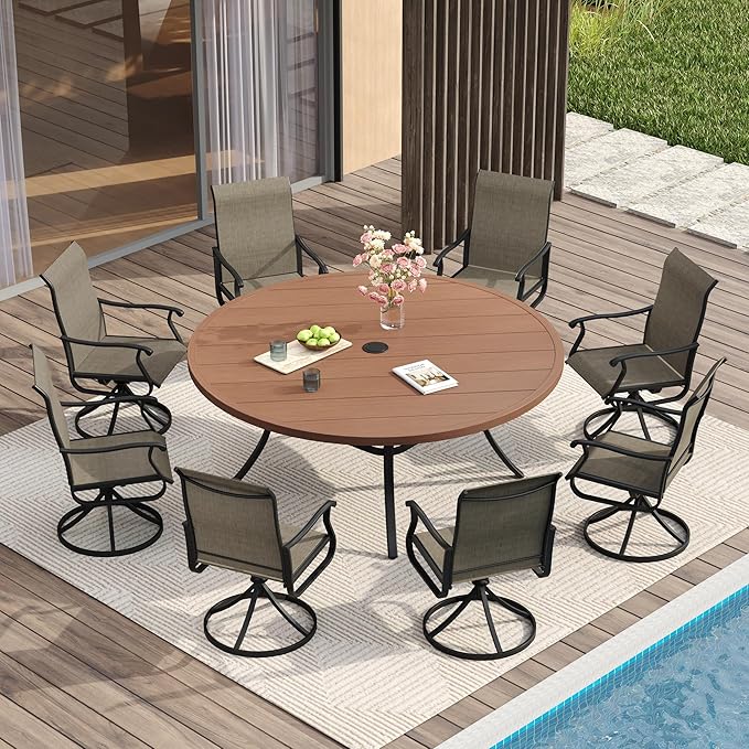 VICLLAX 53" Outdoor Round Patio Table for Lawn Garden, All Weather Metal Round Patio Dining Table with Adjustable Umbrella Hole, Patio Table for 8 Person, Walnut Tabletop