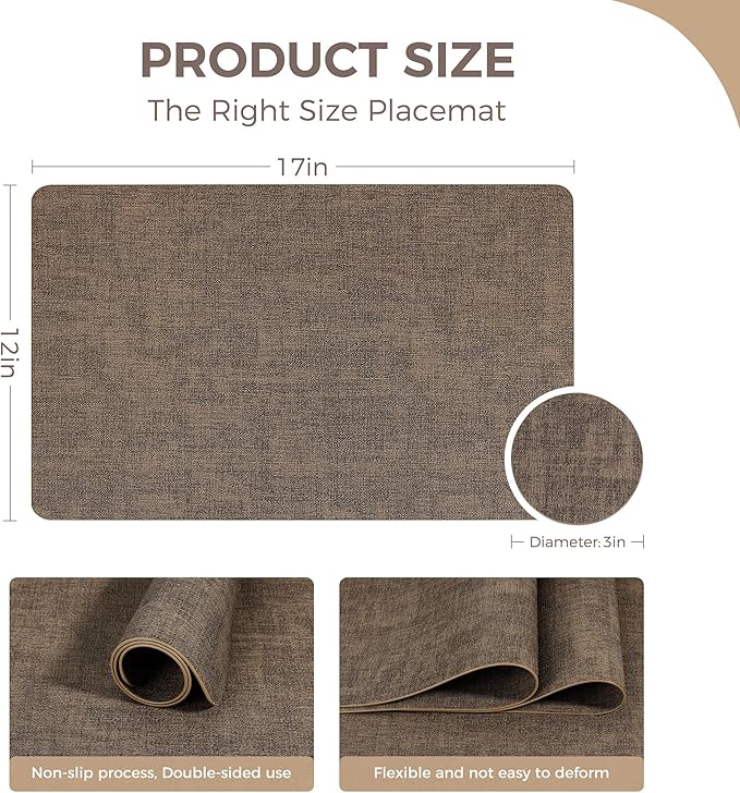 Vinyl Placemats Set of 8, Faux Leather Waterproof and Heat Resistant Place Mats, Washable Anti-Slip Table Mats with Coaster, Wipeable Placemats for Indoor & Outdoor 17" x 12" (Dark Coffee, Set of 8)