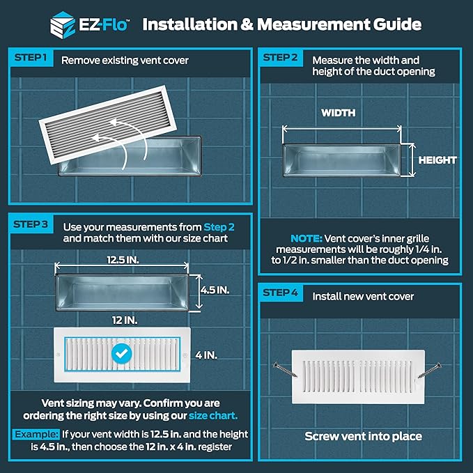 EZ-FLO 12 x 4 Inch (Duct Opening) Air Vent Cover for Wall or Ceiling, Two-Way Ventilation Register, Solid Steel HVAC Register Cover, White, 61611