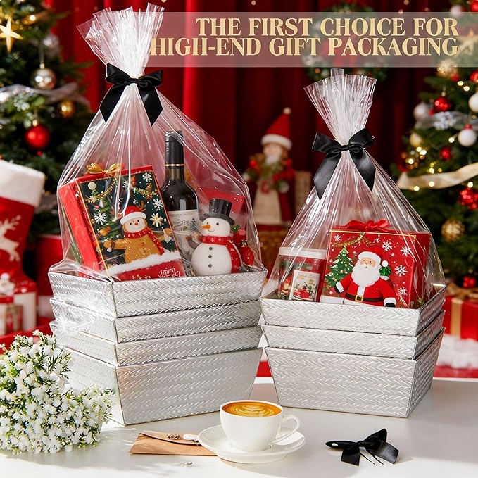 Wonderjune 20 Pcs Valentines Day Gift Baskets Empty To Fill Baskets For Gifts Empty With Gift Bag Bow Valentines Gifts Storage Basket Bulk for Wedding Party Wrapping(Diagonal Silver)