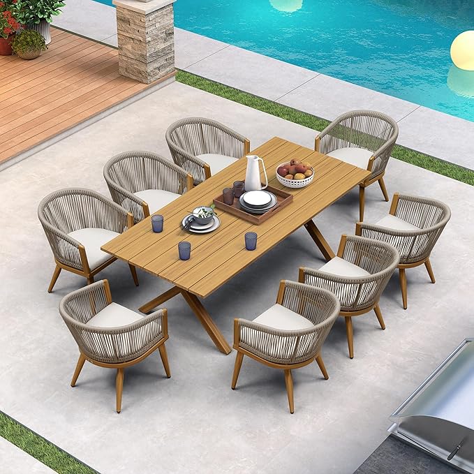 PURPLE LEAF Patio Dining Set for 8 All-Weather Wicker Woodgrain Aluminum 9 Piece Outdoor Table and Chairs Set Included Cushions for Backyard Indoor Decor Kitchen Outdoor Furniture Set Teak Color