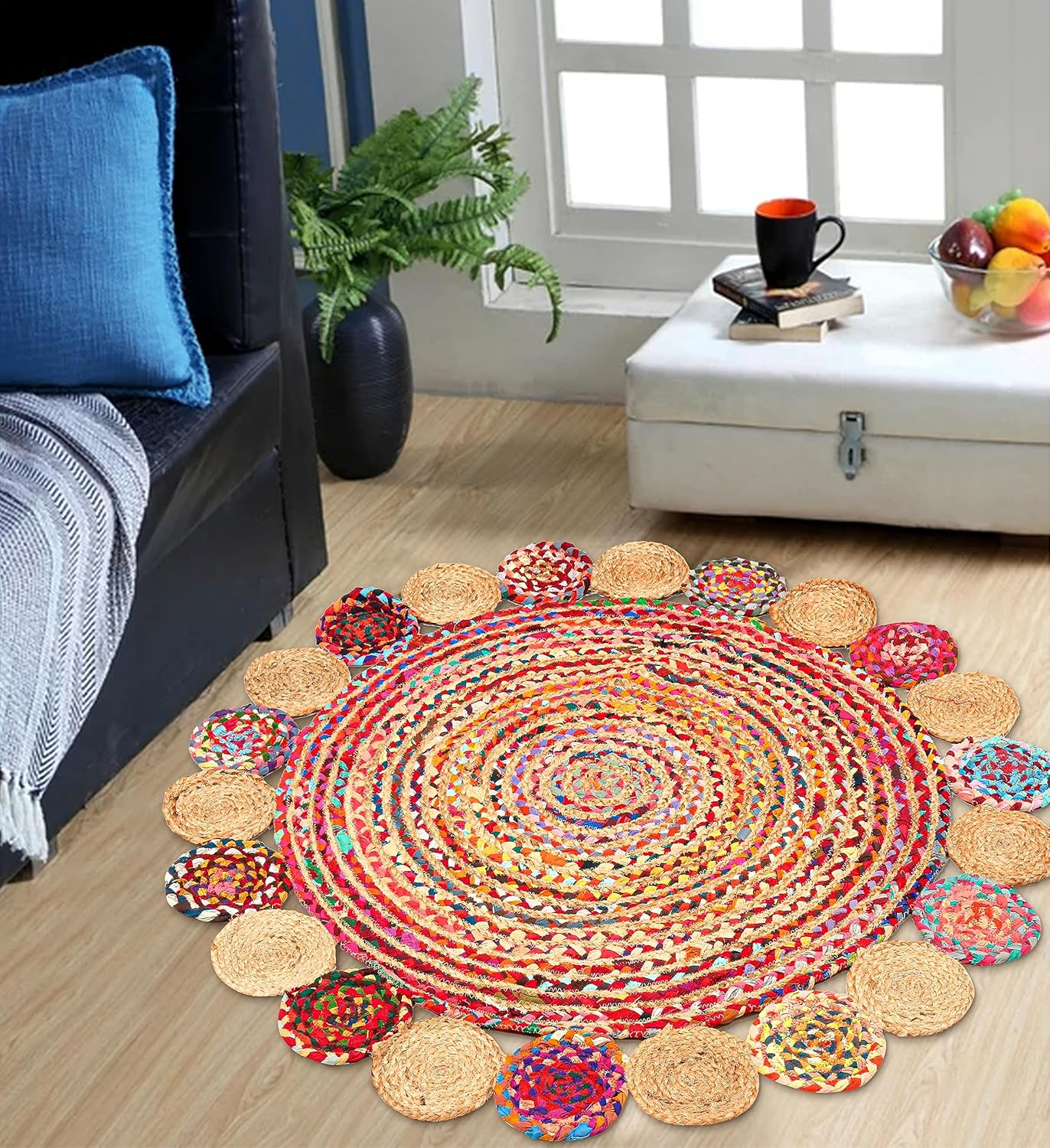 4' Round Handwoven Jute Chindi Area Rug - Colorful Boho Rugs for Living Room - Hand Braided Multicolor Bohemian Rug for Farmhouse, Bedroom, Dining Room, Classroom, Hallway, Kitchen, Office