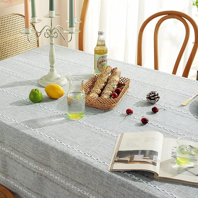 Chassic 60 x 120 inches Farmhouse Style Linen tablecloths, Wrinkle Resistant Washable Dining Room Table Cloths for 8 Foot Rectangle Tables - Hemstitch Light Grey