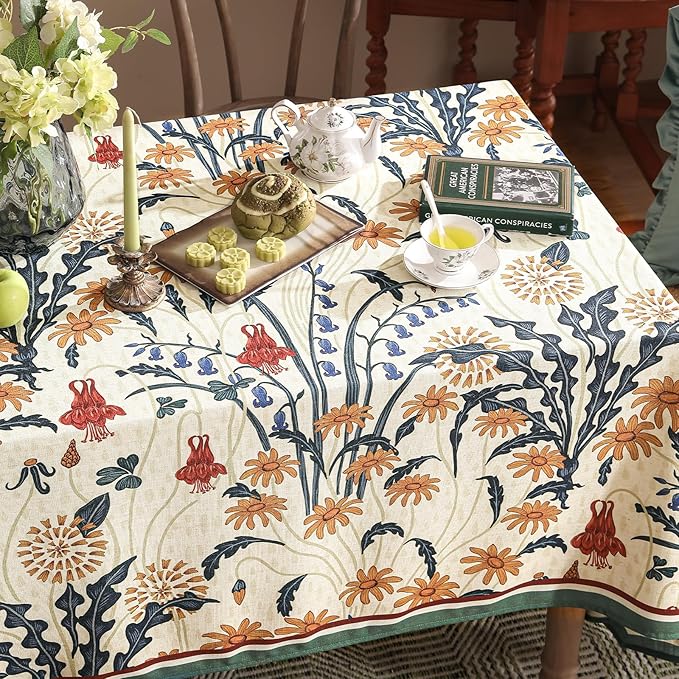 French Vintage Small Square Tablecloth,Linen Tablecloth with Gold and Red Floral Pattern,Decorative Table Cover for Kitchen,Dining,Thanksgiving,Party,Farmhouse,55" × 55"-Tijuana