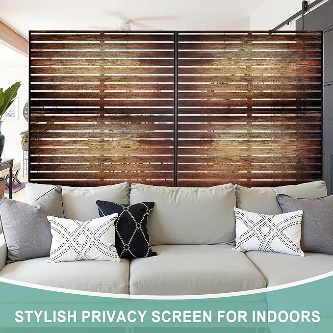Metal Privacy Screen for Outdoor & Indoor Use, Free Standing Privacy Screen for Patio Garden Pool, 72" H x 47" W Decoative Privacy Panels, Weather Resistant, Easy Assembly (Wood Grain)