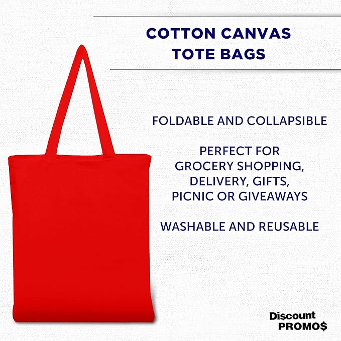 DISCOUNT PROMOS Cotton Canvas Tote Bags Set of 10, Bulk Pack - Reusable, Great for Shopping, Grocery, Beach, Picnic, Wedding Favors - Red