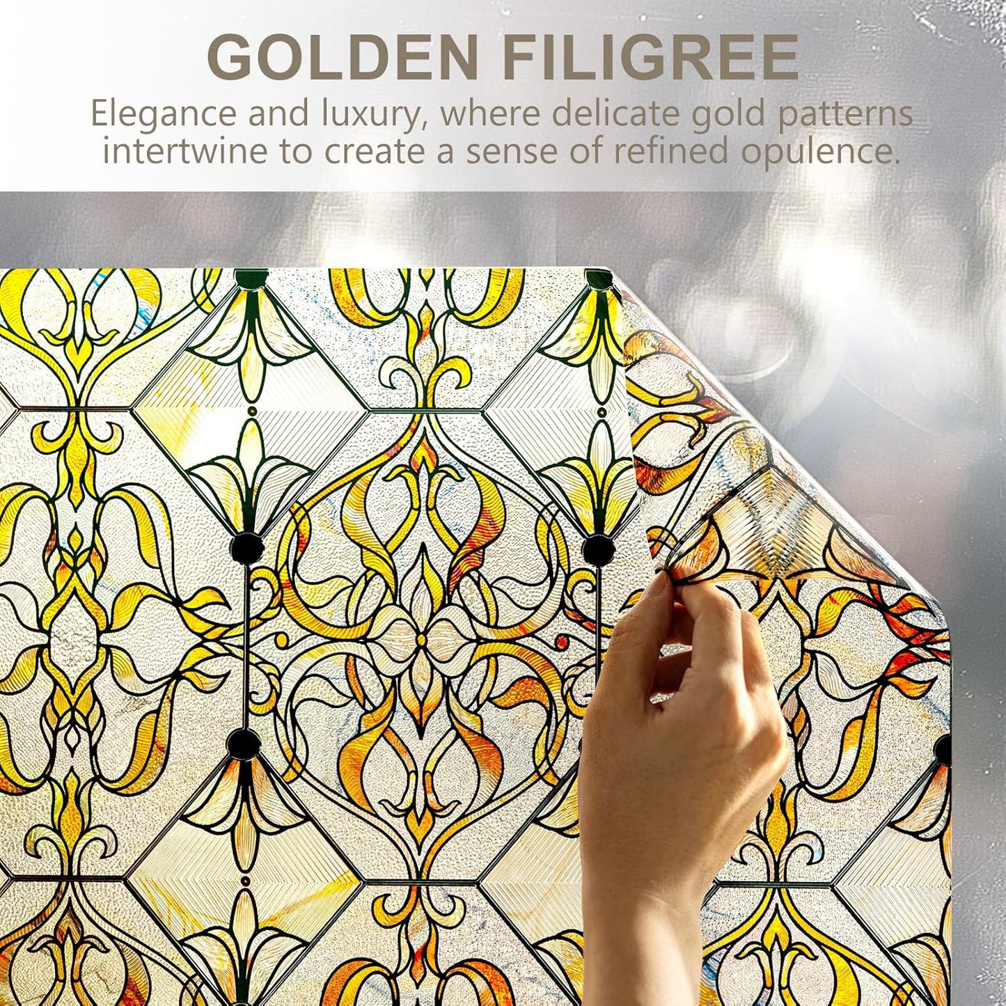 3D Stained Glass Window Privacy Film, Heat Control UV Blocking Static Cling Decorative Window Film for Bathroom,Front Door,Home Non Adhesive 23.6 x 35.4 inches Golden Filigree