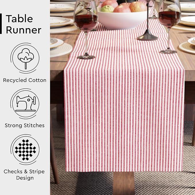 Encasa XO Cotton Dining Table Runner | Ticking Red | Size 13x94 in - Machine Washable & Durable