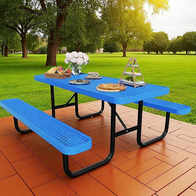 6FT Picnic Tables for Outdoors, Rectangular Commercial Metal Picnic Table Bench Set with Umbrella Hole,Heavy Duty Steel Weather-Resistant Dining Table for Patio Dining Garden Backyard BBQ School