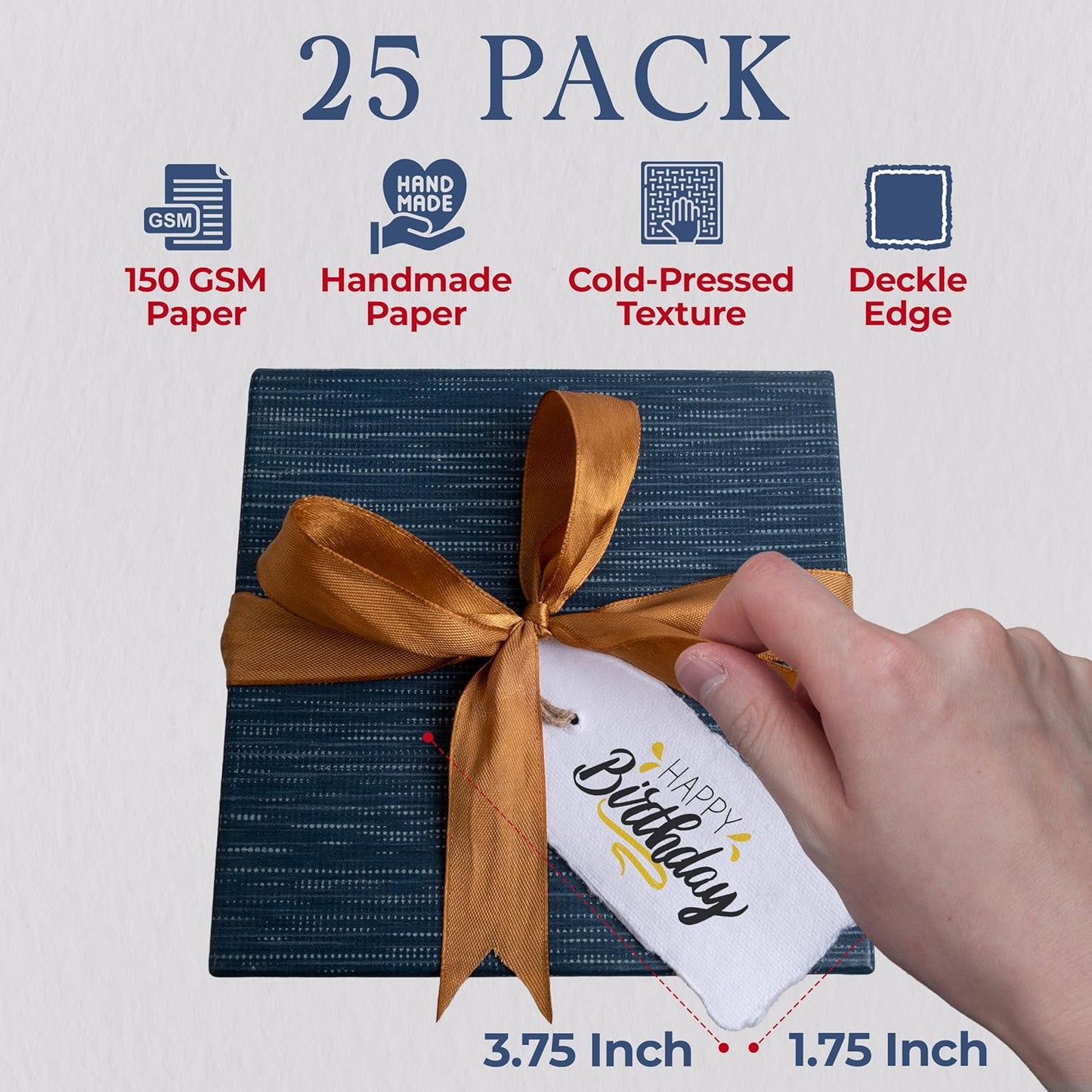 Wanderings Handmade White Deckled Edge Tags with String - 3.75 x 1.75” Only - Pack of 25 - Ideal for Price or Gift Tags, Arts, Crafts, Place Cards, Name Cards - Cold Press Thick 150 GSM