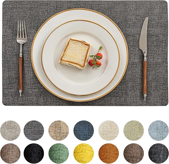 Romanstile Vinyl Placemats Set of 12-12 X 17 Inch - Heat Resistant Place Mats 100% Waterproof Oilproof Wipeable Reversible Faux Leather Table Mats for Kitchen, Dining, Party, Outdoor, Dark Grey