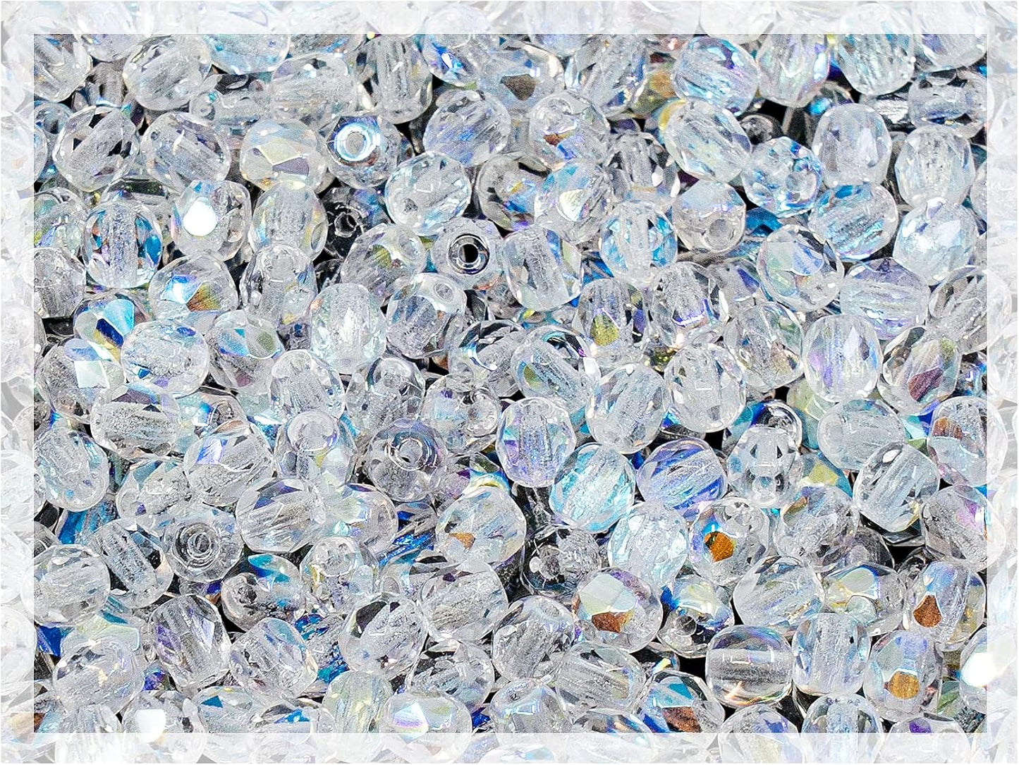 1.8 oz (50g, Approx. 600pcs) of Faceted Fire Polished Pressed Czech Glass Beads 4mm (0.16in), Crystal AB 00030-28701 BCV