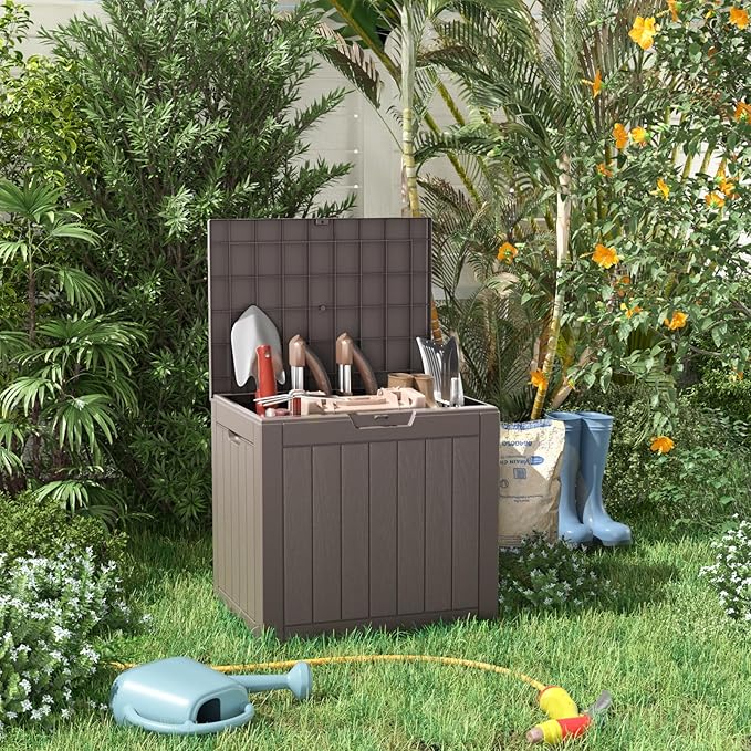 DRATO 35 Gallon Deck Boxes Resin Outdoor Storage Box UV Resistant Outside Deck Box with Lockable Lid for Patio Furniture（Grey，35 Gallon）