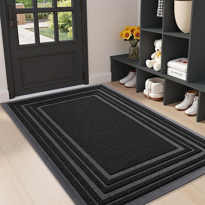 Buganda Front Door Mat Indoor Outdoor Entrance, Non-Slip Natural Rubber Doormats, Easy Clean, Low Profile, Dirt Trapper Entryway Floor Mats for Outside, Garages and Patios, 47x32, Black