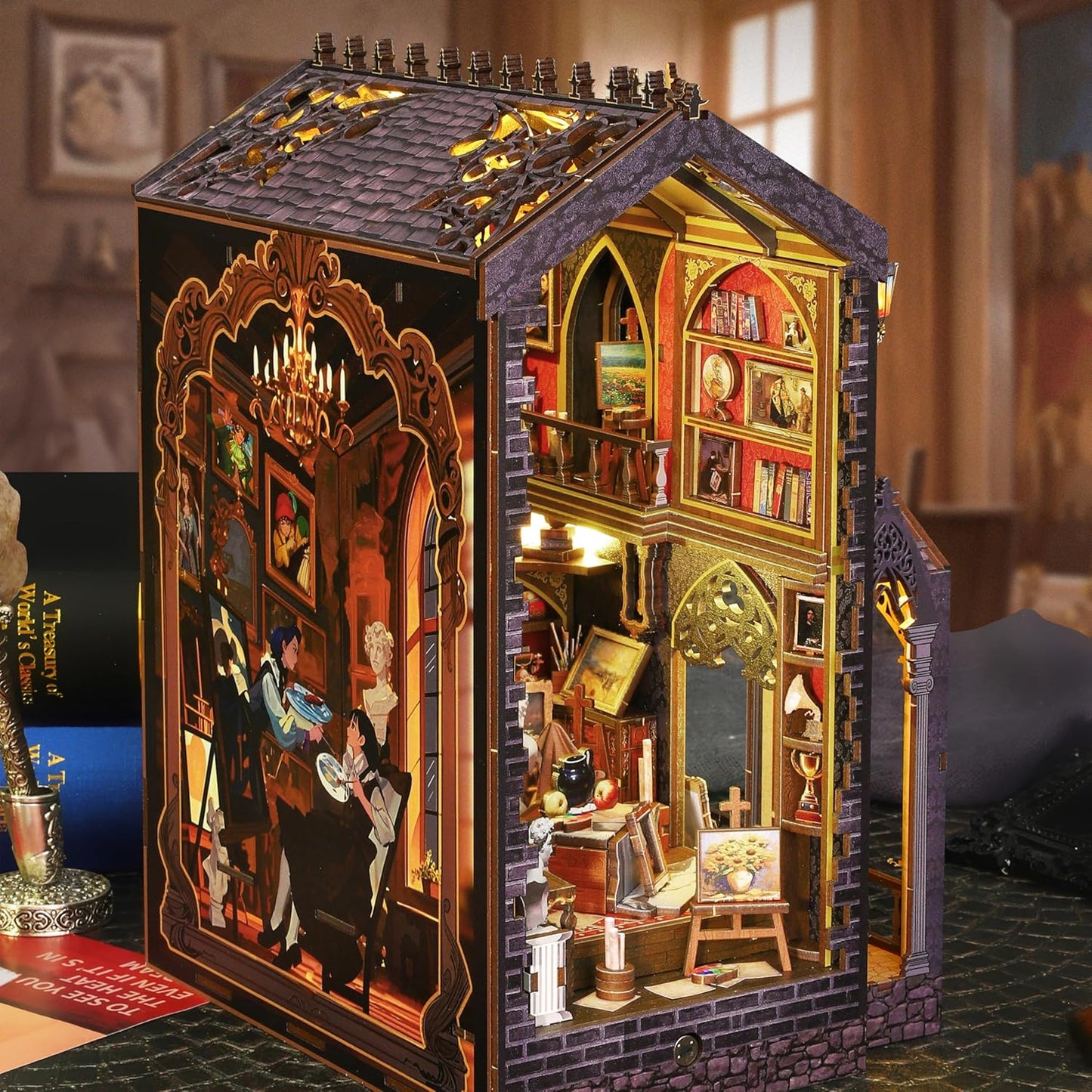 ISSEVE Book Nook Kit - DIY Miniature Dollhouse Booknook for Adults Teen, 3D Wooden Puzzle Tiny House Kit Bookshelf Decor, Gifts for Men Women Halloween Christmas Birthday (Art Studio)