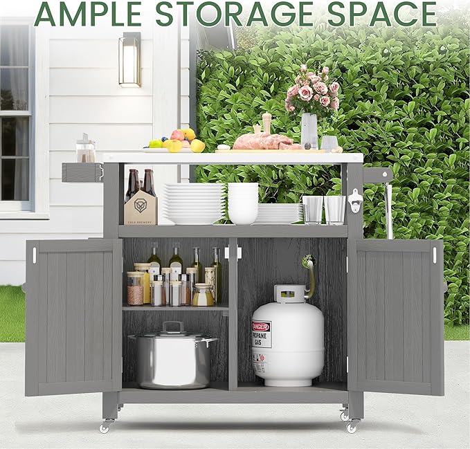 Weatherproof HIPS Outdoor Kitchen Island with Stainless Steel Top & Storage Cabinet, Movable Prep Table with Wheels for BBQ Food Prep, Outdoor Grill Cart for Parties, Grey